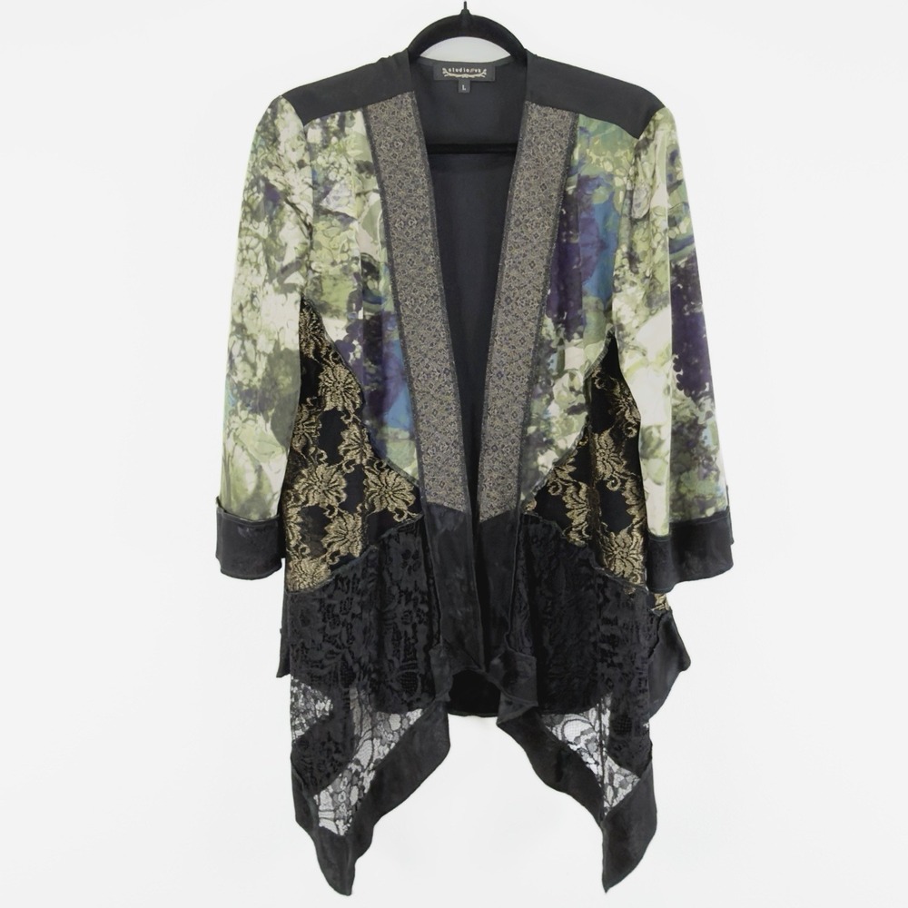 VTG Studio VK Top Womens L Black Green Floral Kimono Lace Forest Fairy 90s Artsy